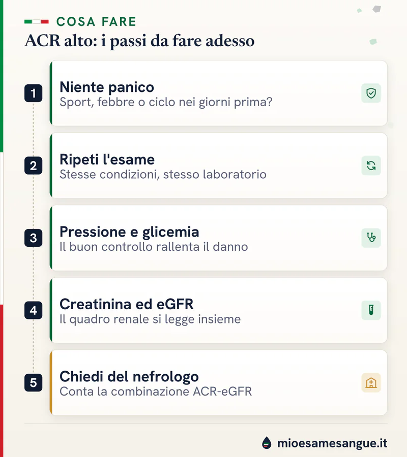 Cinque passi numerati dopo un ACR alto: niente panico, ripetere l'esame, pressione e glicemia, eGFR, parere del nefrologo