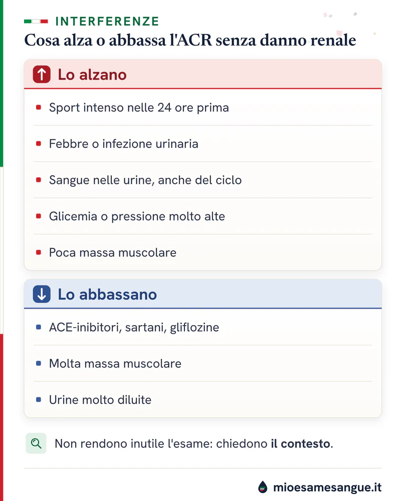Pannello rosso con freccia in su per sport, febbre, sangue e poco muscolo; pannello blu per ciò che abbassa l'ACR