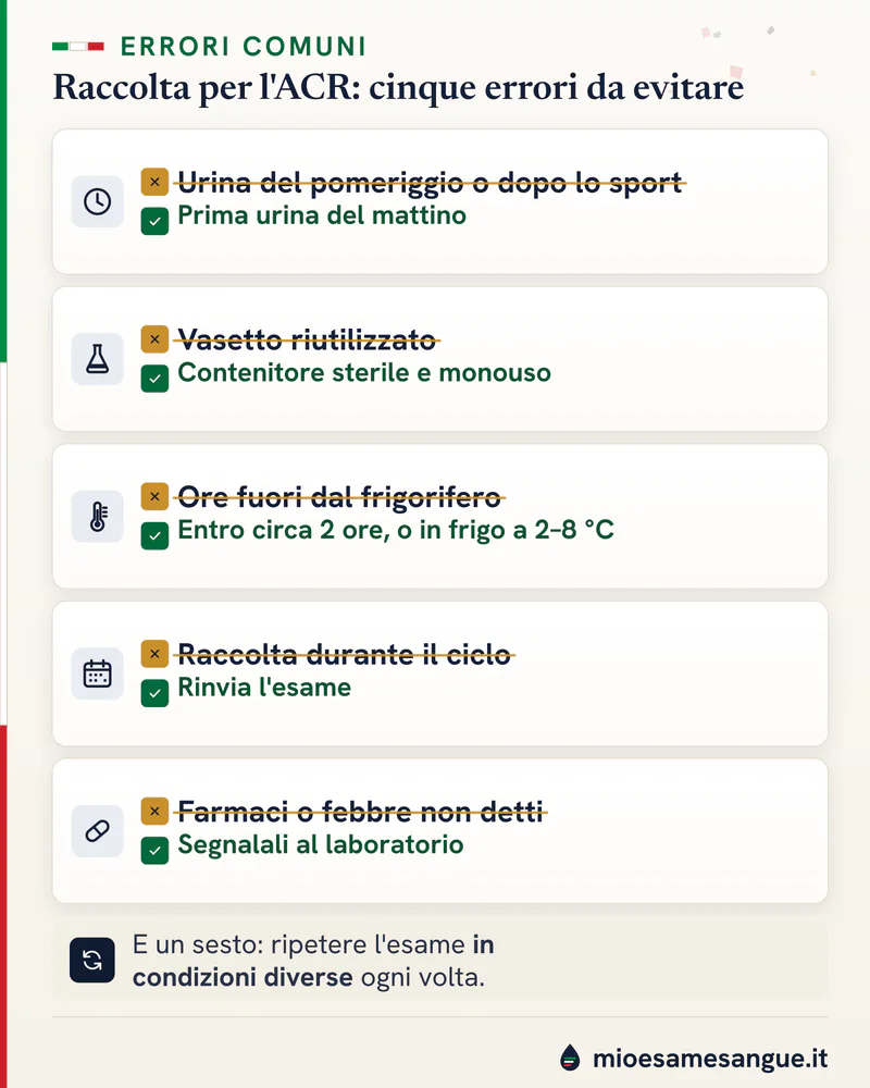 Cinque schede ACR con l'errore barrato e la correzione in verde: urina del mattino, vasetto sterile, frigo, ciclo, farmaci