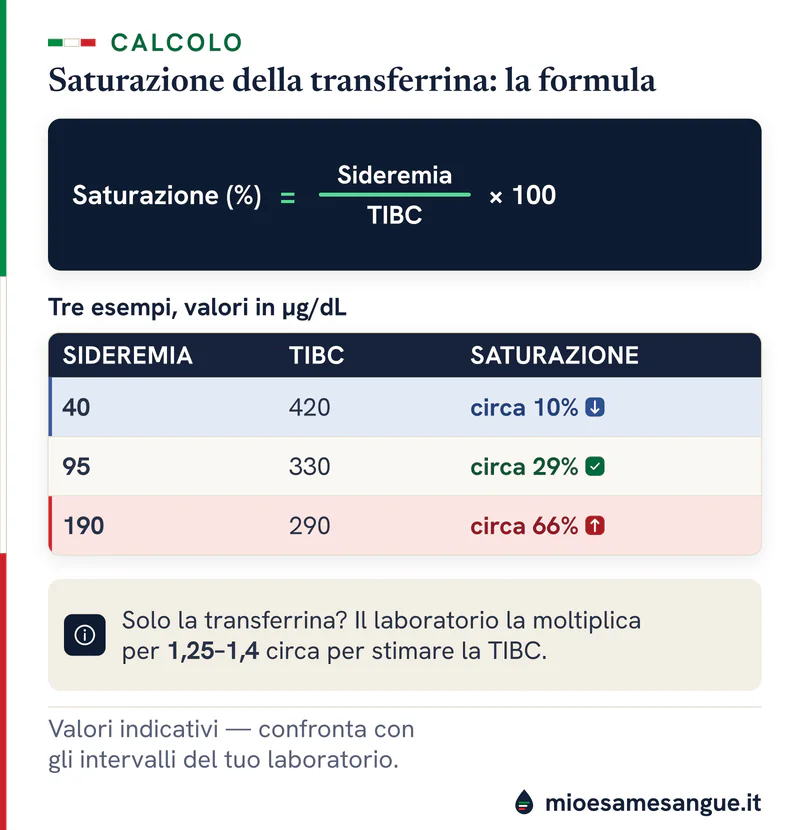 Formula sideremia diviso TIBC per 100 e tre esempi di saturazione della transferrina: 10% bassa, 29% attesa, 66% alta