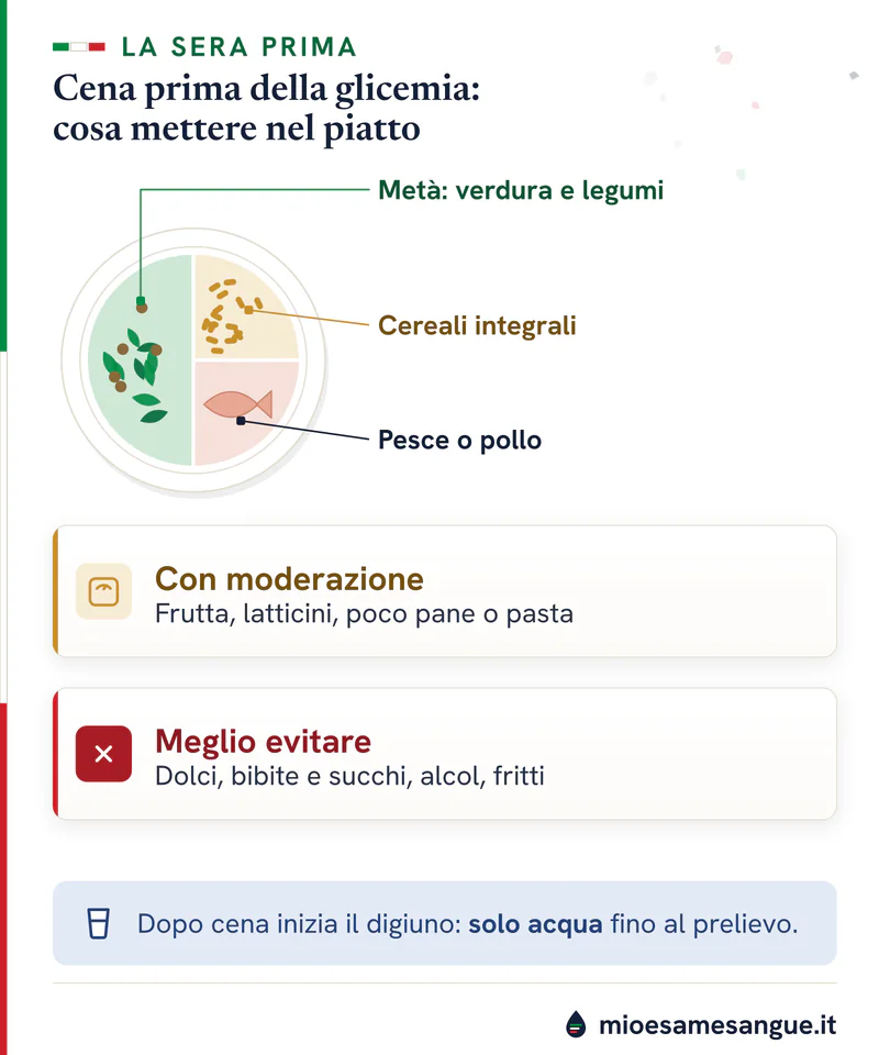 Piatto con metà verdura, cereali integrali e pesce, poi i cibi con moderazione e da evitare la sera prima della glicemia