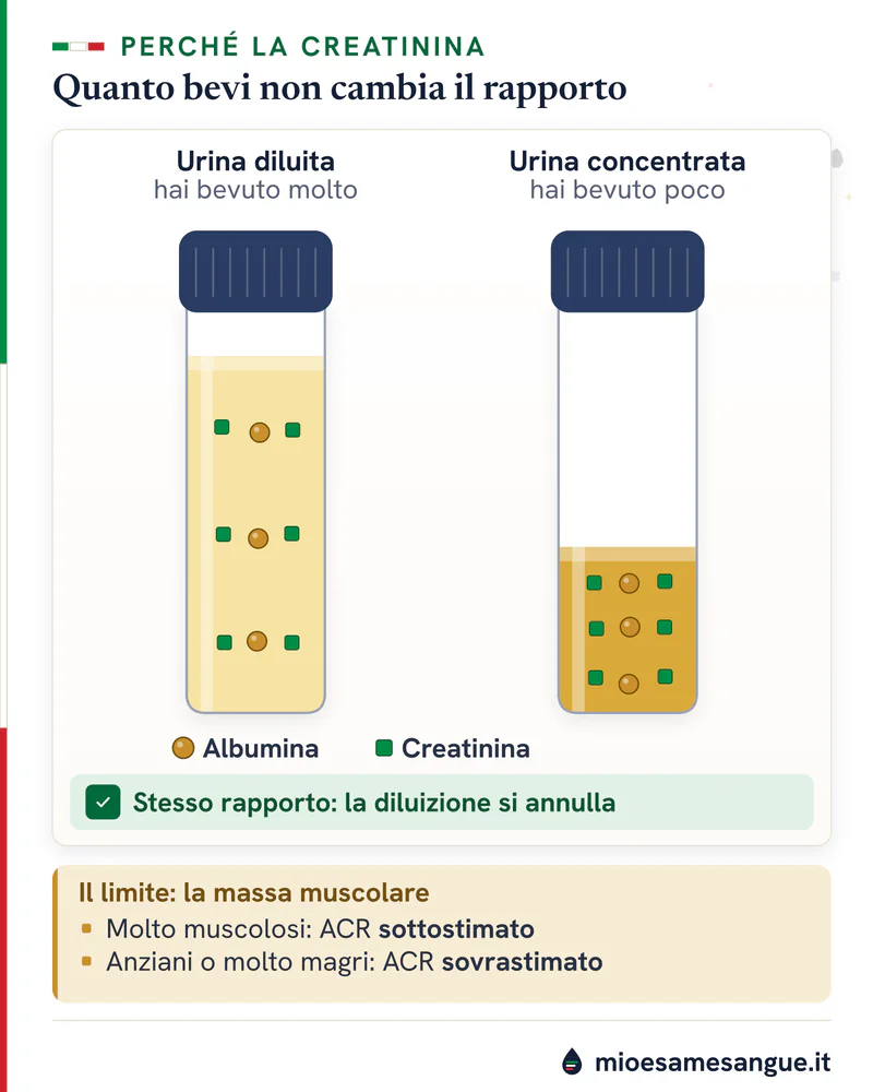 Urina diluita e urina concentrata in due contenitori con le stesse molecole di albumina e creatinina: stesso rapporto