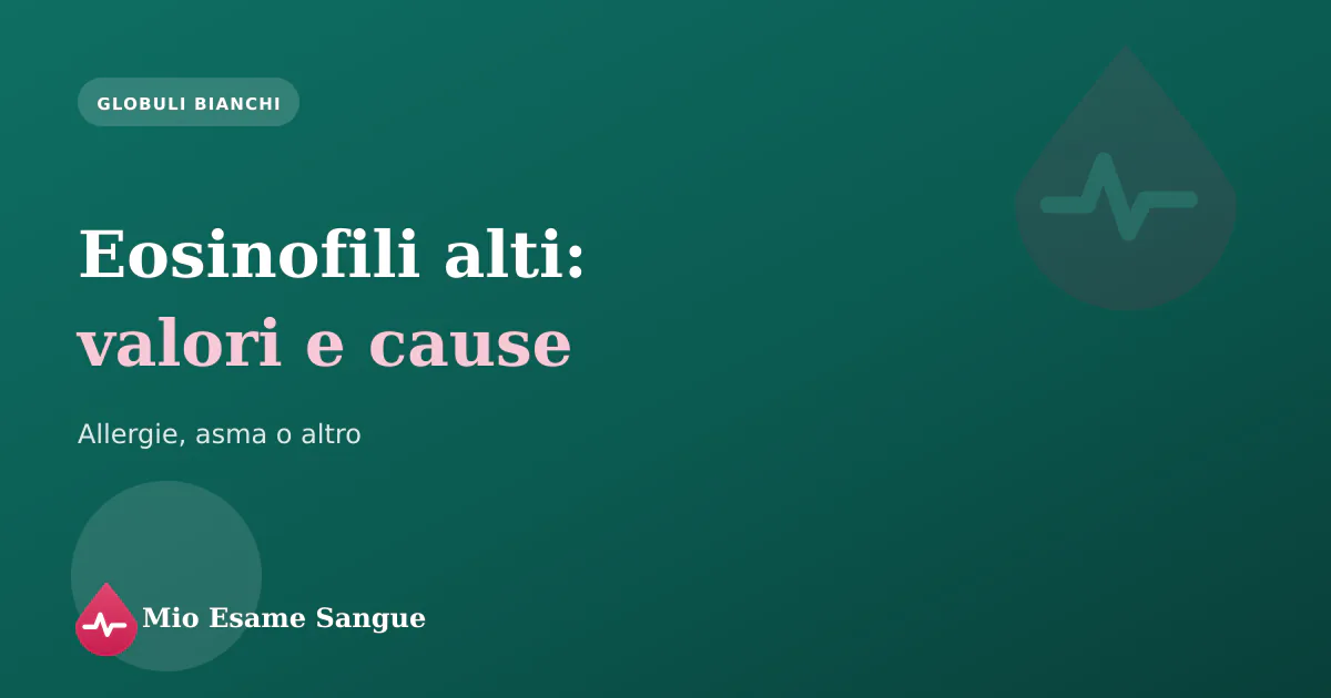 Eosinofili al microscopio accanto a un referto dell'emocromo con gli eosinofili elevati