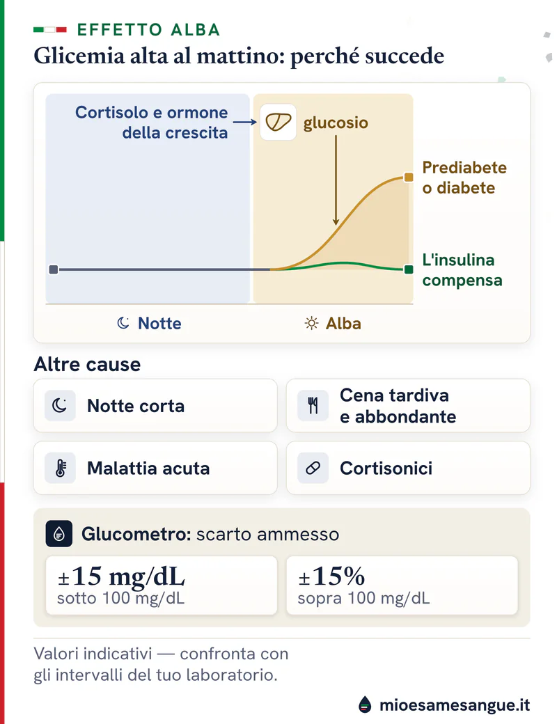 Curva della glicemia che all'alba sale con prediabete o diabete, altre cause e scarto del glucometro ±15 mg/dL o ±15%