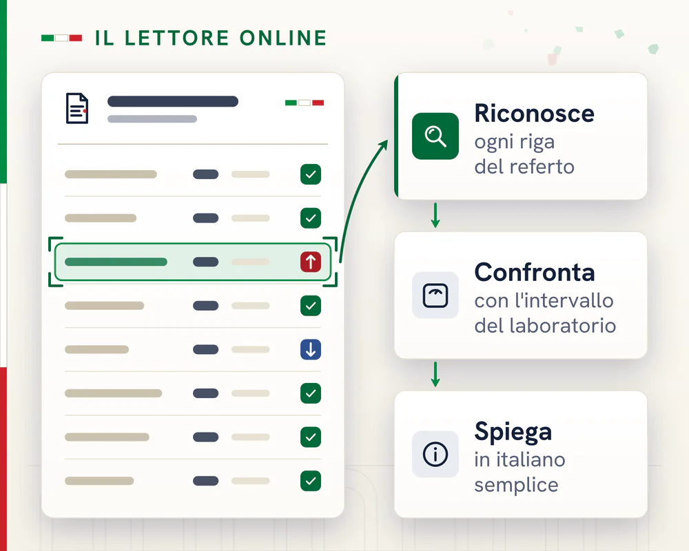 Referto di analisi del sangue con una riga evidenziata in verde e tre schede: riconosce la riga, la confronta, la spiega
