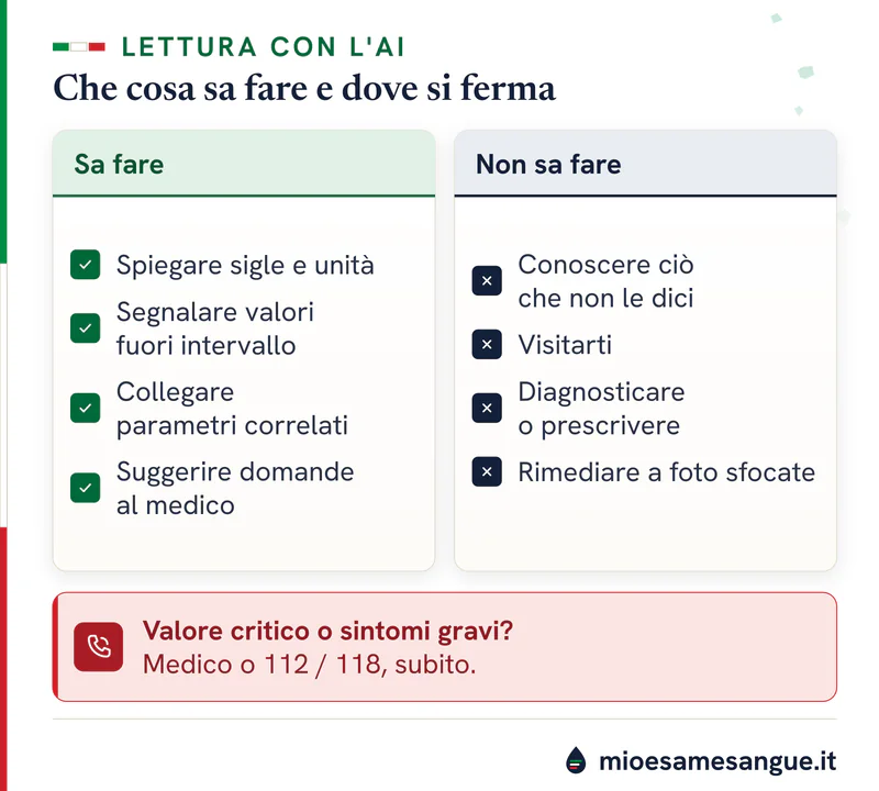 Spunte verdi e croci in due colonne: che cosa sa e non sa fare la lettura AI delle analisi, più l'avviso per le urgenze