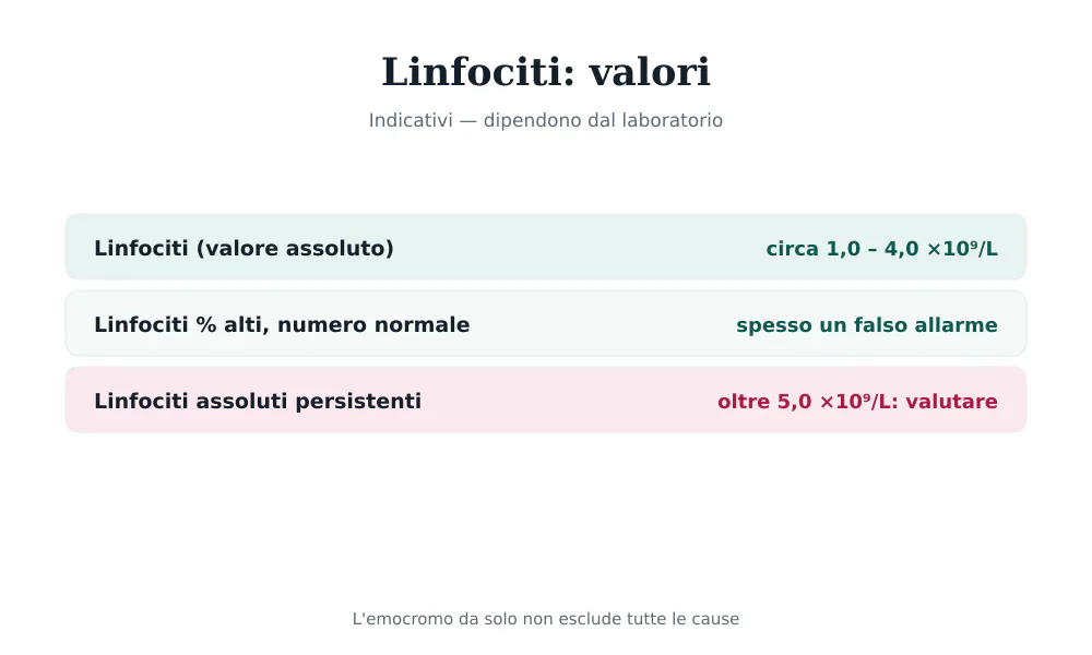 Tabella dei valori dei linfociti: valore assoluto circa 1,0-4,0 ×10⁹/L; linfocitosi persistente sopra 5,0