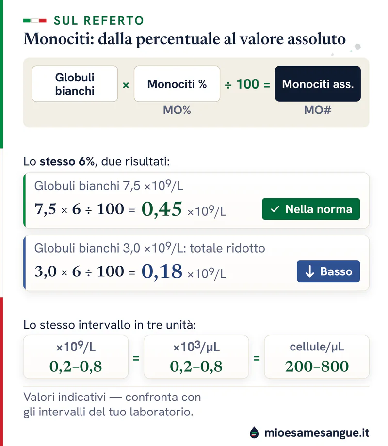 Formula dei monociti assoluti e lo stesso 6% con due risultati, 0,45 ×10⁹/L nella norma e 0,18 basso, poi tre unità di misura