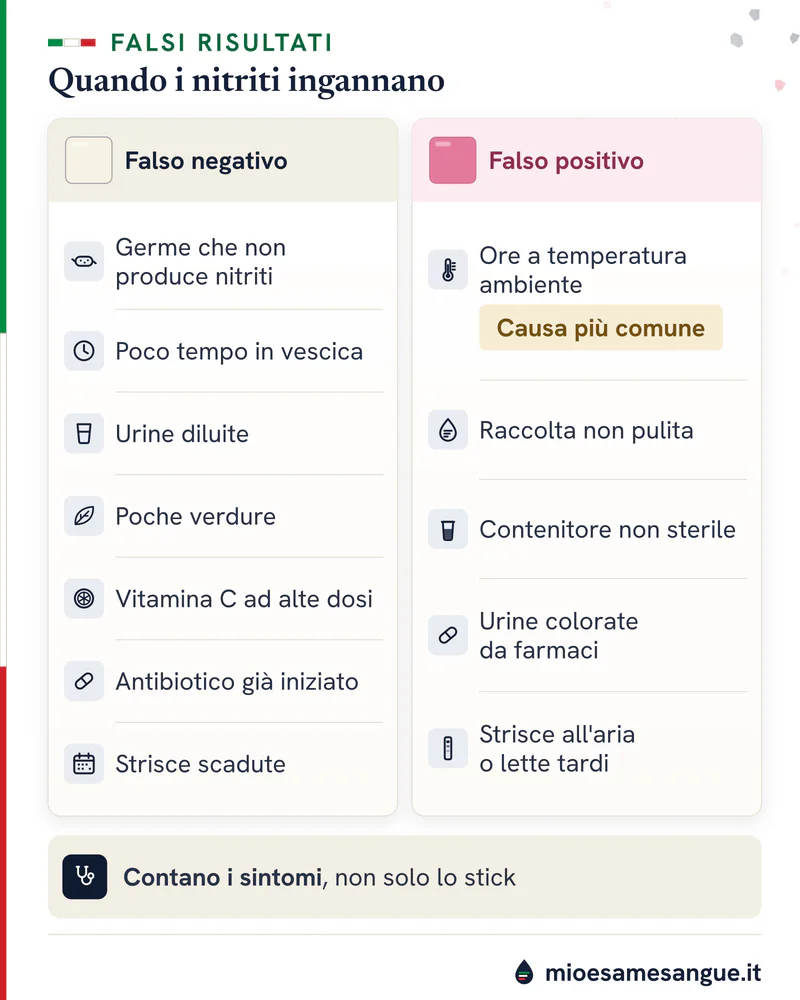 Due colonne con icone: tampone chiaro e sette cause di nitriti falsamente negativi, tampone rosa e cinque di falso positivo