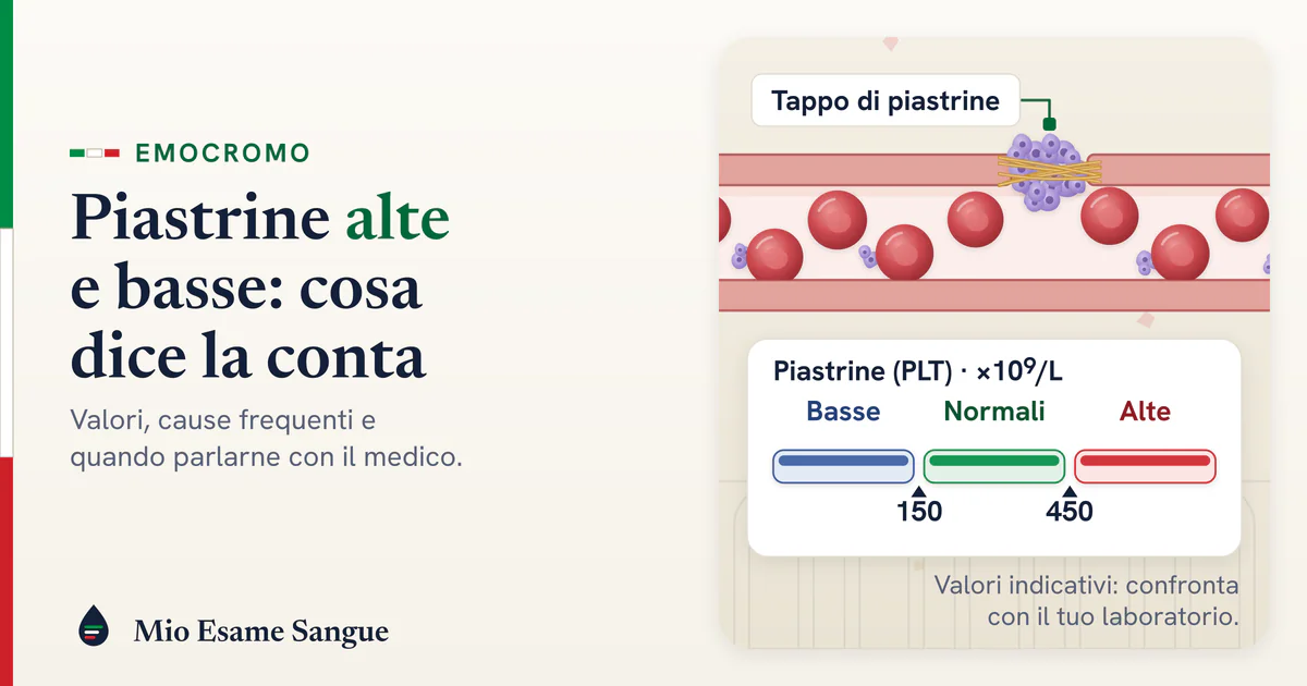 Vaso sanguigno con una lesione chiusa da un tappo di piastrine e barra della conta: basse sotto 150, normali, alte oltre 450