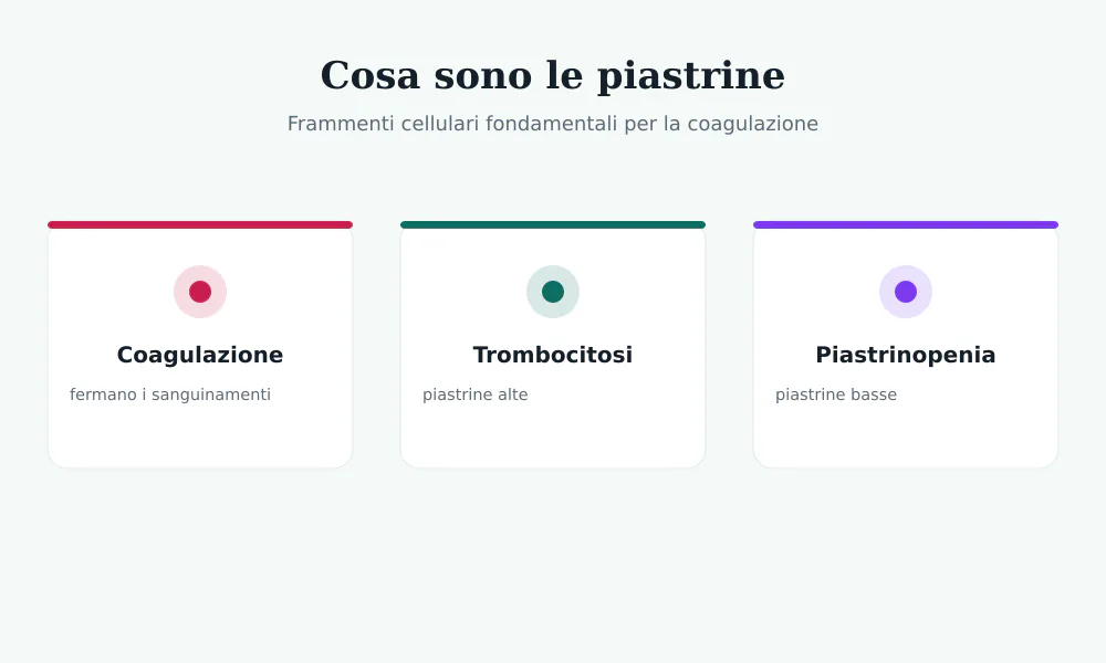 Schema delle piastrine: frammenti cellulari che fermano i sanguinamenti; trombocitosi se alte, piastrinopenia se basse