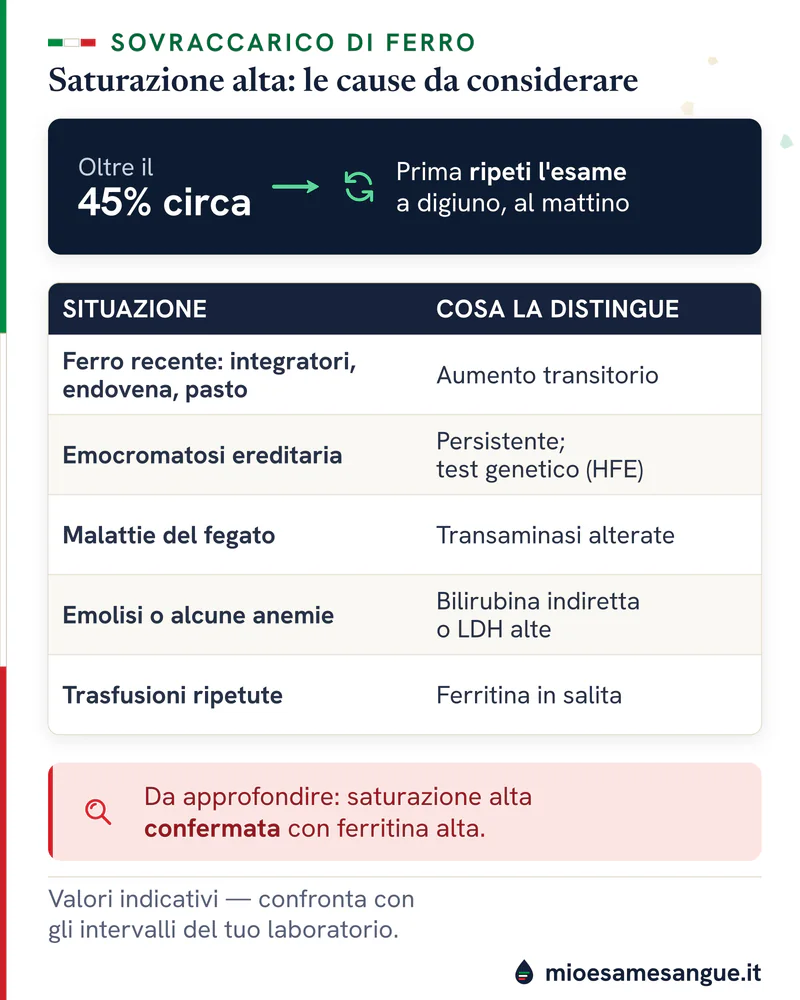 Soglia oltre il 45% circa e tabella delle cause di saturazione della transferrina alta, dal ferro recente all'emocromatosi