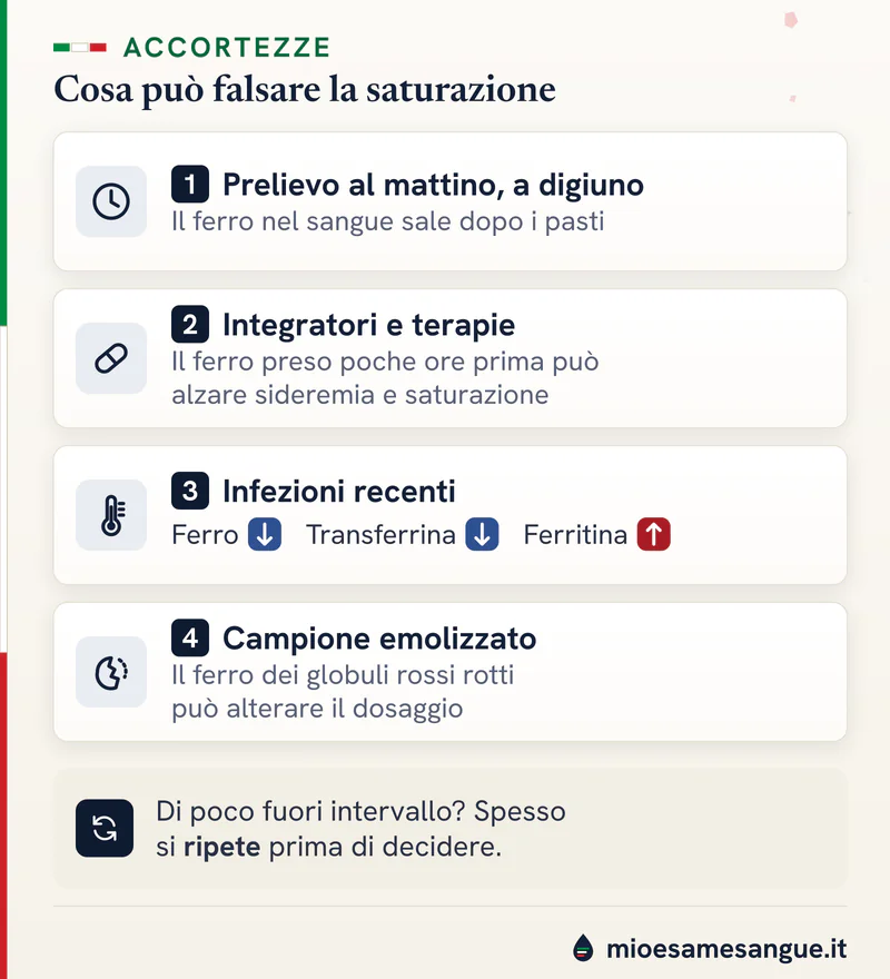 Quattro schede numerate su cosa falsa la saturazione della transferrina: digiuno, integratori di ferro, infezioni ed emolisi