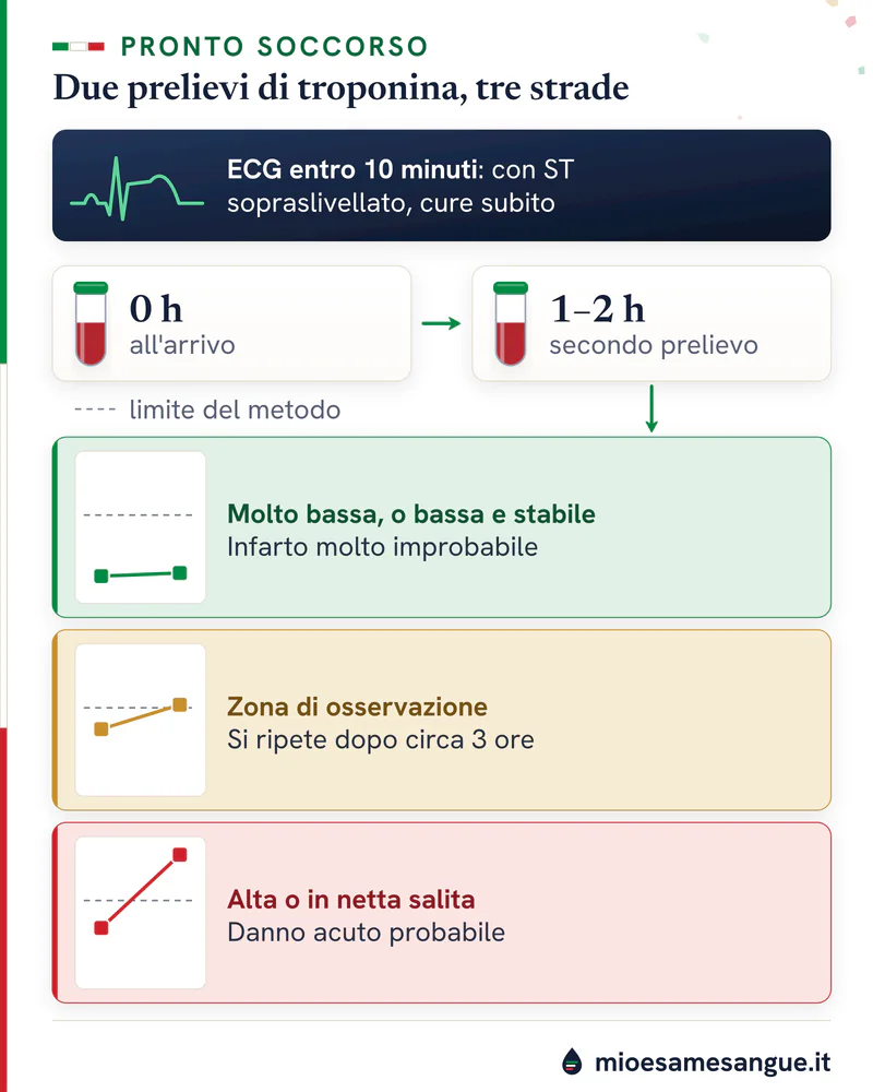 Percorso con ECG entro 10 minuti, troponina a 0 h e dopo 1–2 h e tre esiti: molto bassa, zona di osservazione, in salita