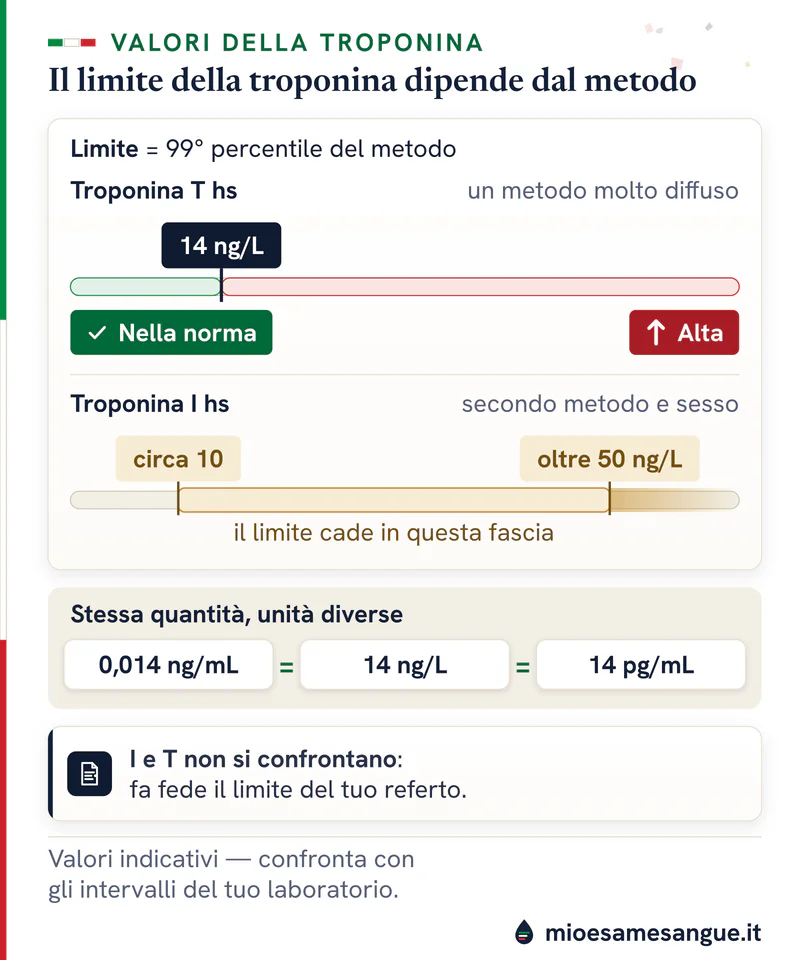Scala in ng/L: limite della troponina T hs a 14, della I hs da circa 10 a oltre 50; sotto, 0,014 ng/mL = 14 ng/L = 14 pg/mL