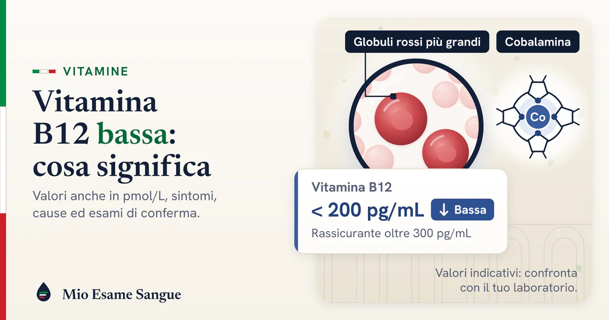 Lente su globuli rossi ingranditi, molecola di cobalamina con il cobalto al centro e scheda della B12 sotto 200 pg/mL, bassa