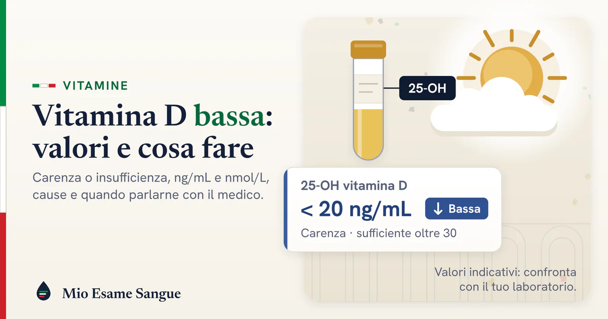 Sole invernale velato da una nuvola, provetta di siero e scheda della vitamina D 25-OH sotto 20 ng/mL segnata bassa