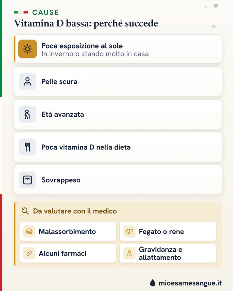 Cinque cause comuni della vitamina D bassa, da poco sole a sovrappeso, e un riquadro ocra con le situazioni da valutare